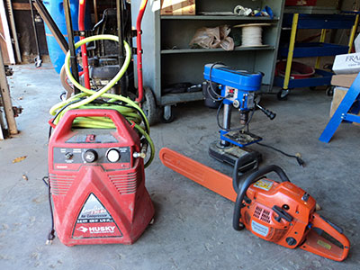 Chain saw, air compressor, drill press