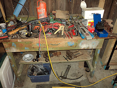 Work bench, vise, tools